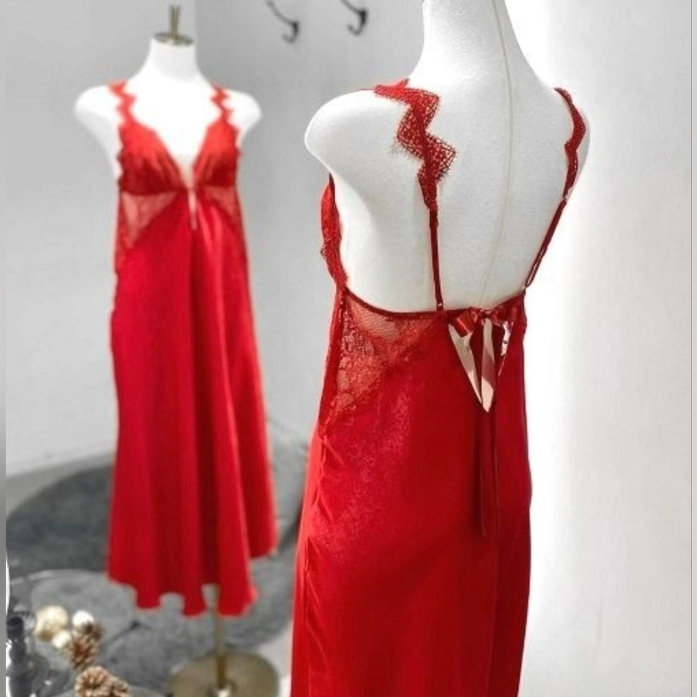 Red Valentine Honeymoon Lingerie Annebra Lace Satin Maxi Nightwear Slip Dress